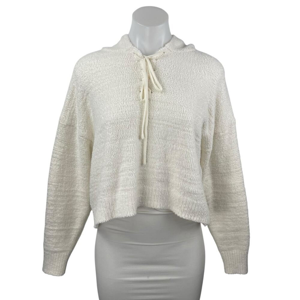 Forever 21 Women's White Ivory Fleece Lace Up Long Sleeve Hoodie Sweater Top S
